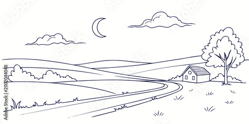 Hand-drawn outline illustration of a serene rural landscape at night with a crescent moon a winding road a cozy house nestled among rolling hills and trees landscape illustration countryside