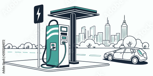 Electric vehicle charging station with a car being charged under an awning and a city skyline background eco friendly plug in electric charging sustainable transport infrastructure technology
