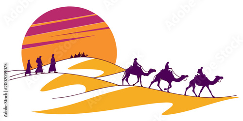 Artistic vector landscape of people and camels walking across desert dunes with a colorful sun during sunset silhouette transport landscape adventure stylized excursion outdoors traditional