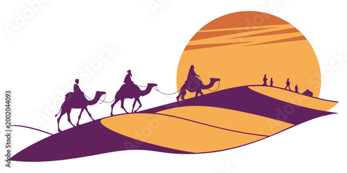 Stylized vector illustration of a camel caravan trekking through sand dunes in the desert against a large orange sun with silhouette transport landscape minimalist heritage excursion adventure