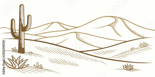 Foto Desert landscape sketch with saguaro cactus and sand dunes hand drawn brown line