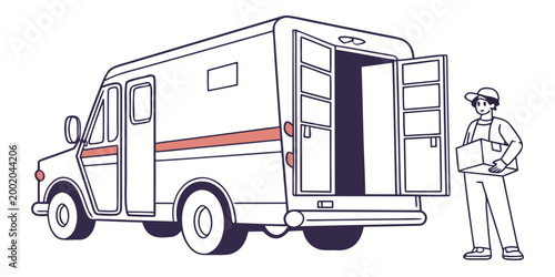 Courier driver holding a cardboard package box standing next to an open delivery truck for shipping and logistics service illustration with delivery transport logistics shipping distribution