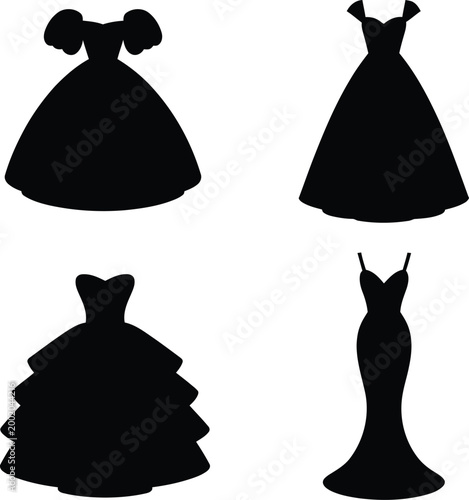 Collection of evening dress silhouettes including ball gown and wedding styles isolated on white background for fashion design and illustration.