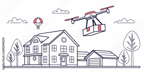 Autonomous quadcopter drone delivering a cardboard package to a suburban residential house with a garage and trees illustration delivery technology quadcopter shipping transport logistics