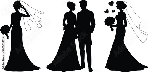 Set of wedding silhouettes featuring beautiful bride with veil and bouquet and romantic couple in elegant attire isolated on white.