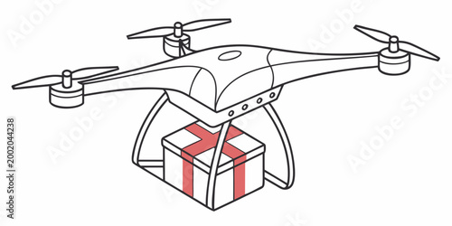 Isometric line art illustration of a delivery drone carrying a package with red ribbon for fast logistic service delivery shipping technology logistics quadcopter transport automated commerce
