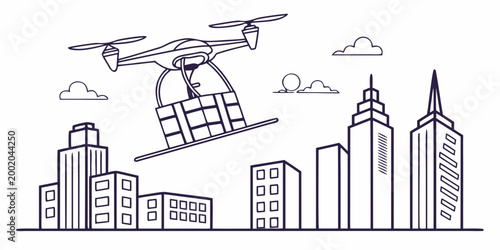 Delivery drone flying over urban city skyline carrying a package for same day shipping and smart logistics concept with delivery logistics technology transport architecture building business