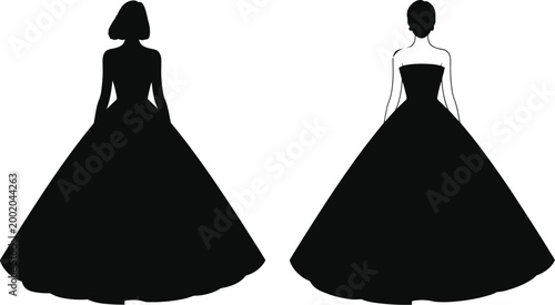 Female figure silhouettes in graceful evening dresses featuring strapless and classical styles for bridal boutique and wedding event planning illustration.