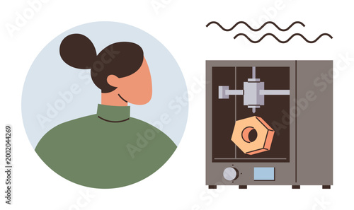Technology innovation, 3D printing, creative design, prototyping, modern manufacturing, efficiency. Woman in profile next to a 3D printer creating a hexagon. Technology innovation and 3D printing