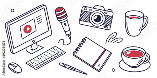 Content creator workspace with computer and photography gear doodle hand drawn workspace computer microphone notebook technology illustration creative freelance business equipment blogging