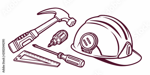 Industrial construction tools outline set including hammer hard hat screwdriver and ruler with construction screwdriver industrial maintenance hardware engineering building carpentry equipment