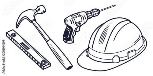 Professional construction and carpentry tool kit including hammer drill and spirit level with construction carpentry engineering maintenance hardware building equipment renovation professional