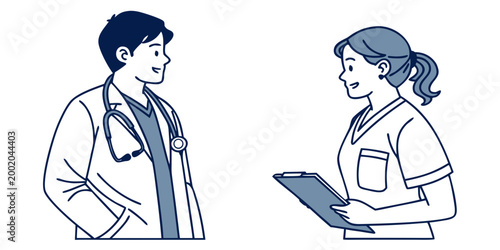 Line art illustration of a male physician with a stethoscope and a female nurse practitioner holding a medical clipboard engaged in a professional conversation healthcare professional hospital