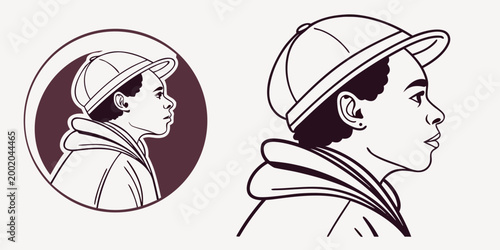 Profile portrait illustration of a young man wearing a baseball cap and hoodie in two minimalist line art styles for avatar design with portrait teenager baseball clothing minimalist illustration
