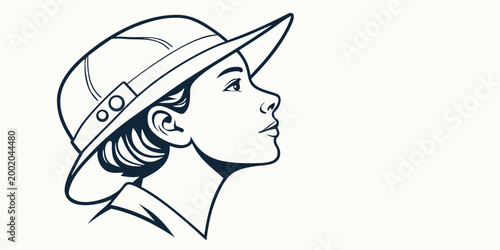 Line art illustration of a young woman wearing a pith helmet looking up in side profile isolated on a plain background representing exploration and adventure with looking up sun hat explorer