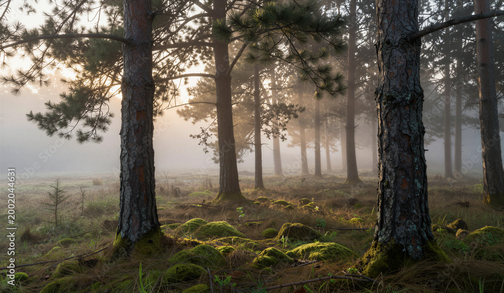 Obraz premium Pine trees standing over mossy forest floor in morning mist