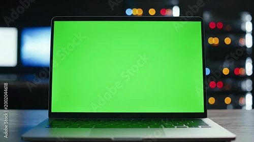 A modern laptop with a vibrant green screen sits on a wooden desk in a dimly lit server room, ready for visual effects or content creation.