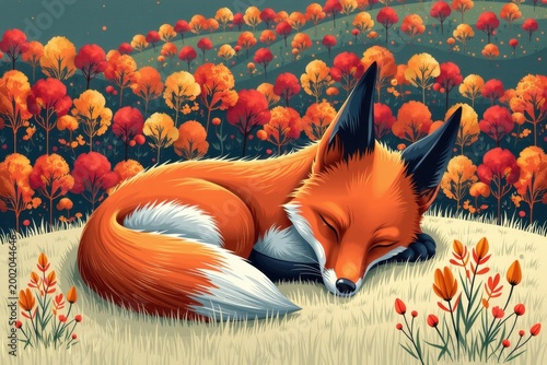 A giant, sleeping fox whose body seamlessly blends into a rolling, autumn colored hill.