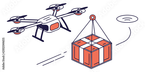 Modern unmanned aerial vehicle delivering a cardboard package using a cable system illustrating smart logistics and future shipping solutions with delivery shipping transport technology quadcopter