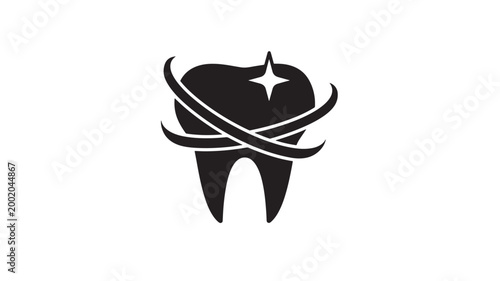 Tooth dental logo icon with star and curved ribbon lines, bold monochrome emblem for dentistry branding