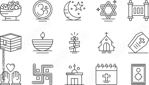 Collection of religious symbols and sacred architectural elements in line art