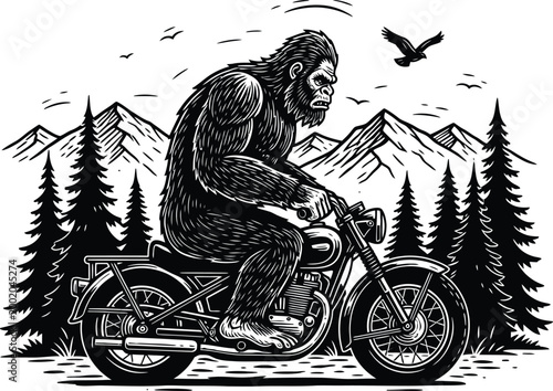 Bigfoot on a motorcycle a vintage style wilderness adventure illustration
