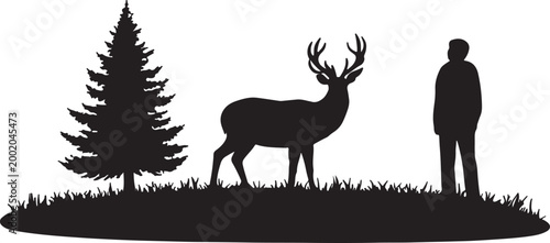 Silhouette of a man and a deer near a pine tree in nature