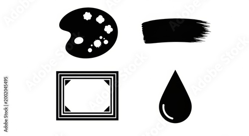 Artistic elements including paint palette, brush stroke, picture frame, and water droplet icons on a white background