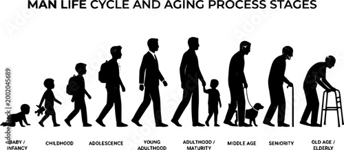 Man life cycle and aging process stages from baby to death human life path vector silhouette set.
