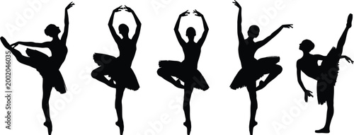 Ballet dancer silhouettes in various poses isolated on white