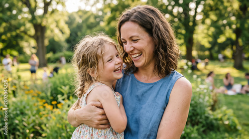 Happy mother and young child hugging and laughing together outdoors in a green park with warm natural light and soft bokeh background.