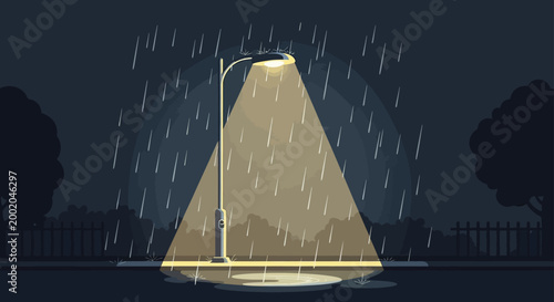 A solitary street lamp casts a warm golden pool of light onto a wet pavement during a heavy downpour of rain creating a moody and atmospheric scene with shadowy trees and a fence in the background.