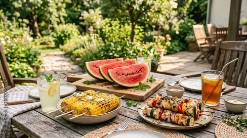 Fresh summer outdoor dining scene with grilled corn, vegetable skewers, watermelon, and lemonade on a rustic table in a green garden under natural sunlight.