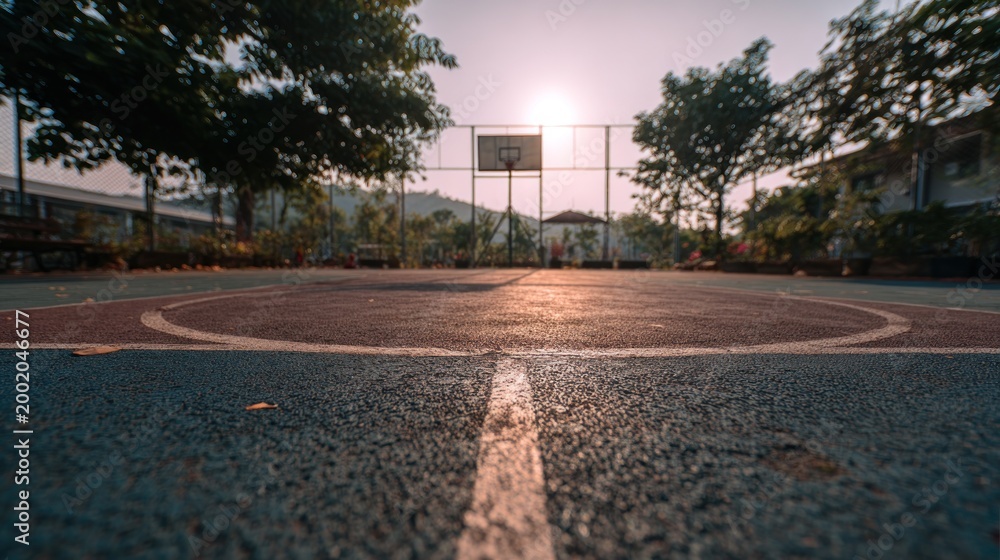 Empty basketball court at sunset with a distant hoop and trees creating a peaceful sports