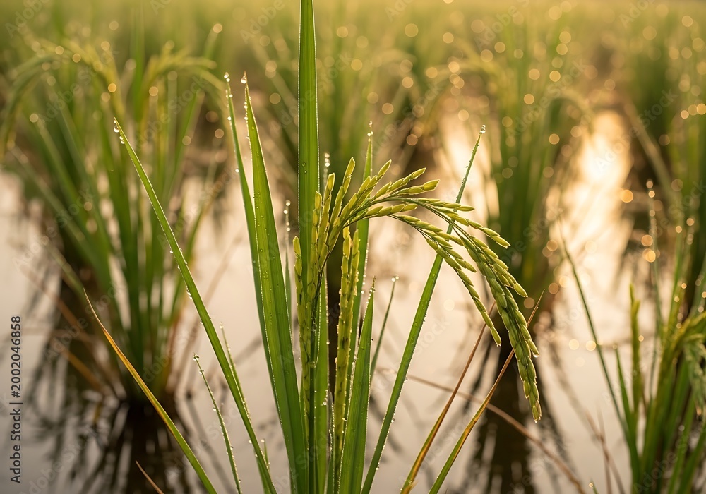 Obraz premium close-up of green rice plants in a flooded paddy field at sunrise
