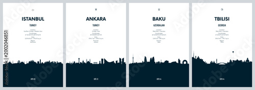 Set of travel posters with city skylines Istanbul, Baku, Sao Paulo, Tbilisi, Detailed minimalistic panorama of the urban silhouette, Black and white printable artwork, vector graphic