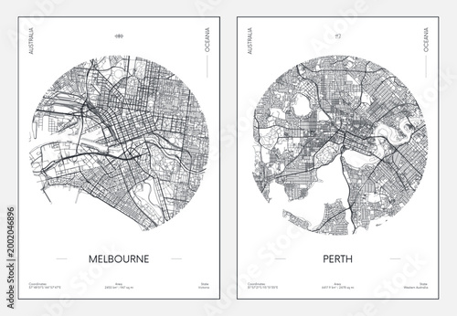 Travel detailed urban poster, Melbourne and Perth street plan, Australian cities in a circle, vector black and white printable map