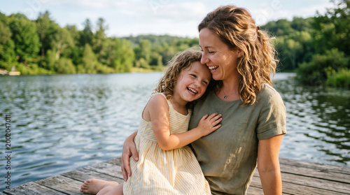 Happy mother and young daughter laughing together on a wooden dock by a calm lake in summer. Warm candid family moment with natural light, outdoor lifestyle, childhood happiness, bonding, love.