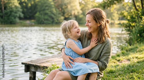 Happy mother and young daughter laughing together on a wooden dock by a calm lake in summer. Warm candid family moment with natural light, outdoor lifestyle, childhood happiness, bonding, love.