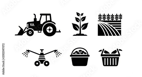 Set of agricultural icons featuring a tractor, plant growth, farm fields, drone, basket of produce, and wheat stalks