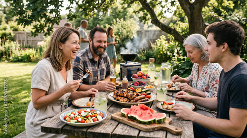 Happy family and friends enjoying an outdoor barbecue meal at a rustic wooden table in a sunny garden, with grilled food, salad, watermelon, fresh fruit, and people socializing in the background.