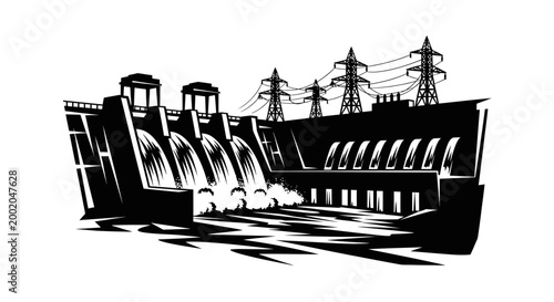 hydroelectric dam with power lines and towers