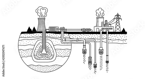 Geothermal power plant diagram with underground heat exchanger