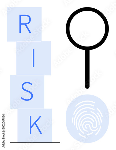 Risk management, cybersecurity, identity verification, data protection, forensic analysis, safety protocols. Blocks spelling risk with a fingerprint and magnifying glass. Risk management