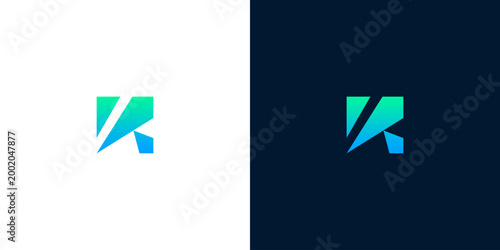 Modern abstract letter R logo design in blue and green gradient on white and dark backgrounds, clean geometric shape