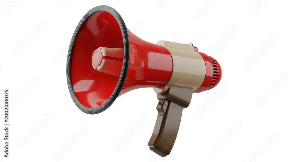 Naklejka premium Red portable megaphone with beige body and brown handle on a white background