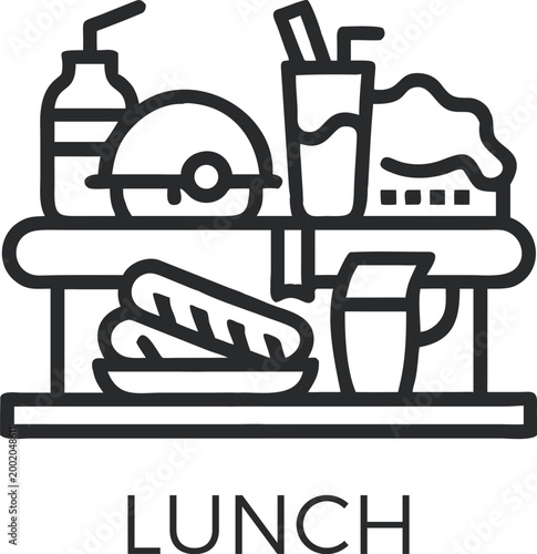 Healthy Lunch Meal Outline Concept with Sandwich Drink and Fruit Scene, School Lunch or Office Break Line Art Illustration for Food and Nutrition