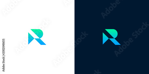 Abstract letter R logo design concept with gradient colors on white and dark backgrounds