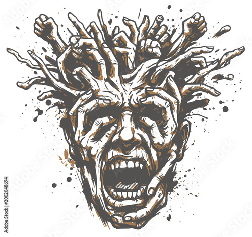 Surreal black-and-white ink illustration of a screaming head entwined by dozens of grasping hands, evoking anxiety, panic, inner turmoil, mental breakdown