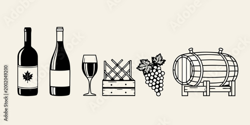 Wine themed illustrations bottles glass barrel and grape vines